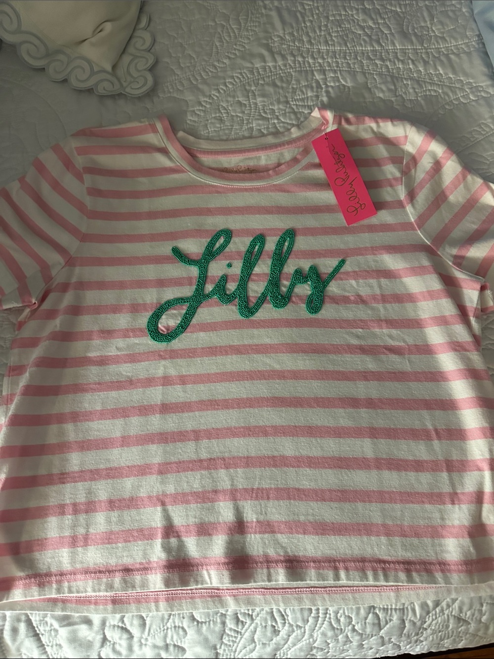 Lilly Pulitzer Pink and White Striped Tee with Green Script Logo